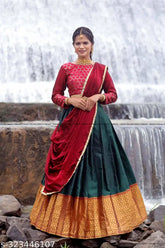 Art Silk half saree, embroidered with zari and lace, unstitched South Indian style for women