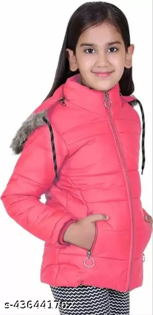 Polyester girls' coat with hooded fur, water-resistant and long sleeves. Solid color, perfect for winter