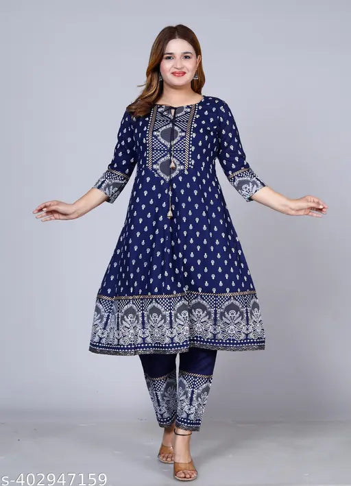 Rayon anarkali kurti gown with palazzos, Jaipuri block-printed, 3/4 sleeves, printed net, India-made