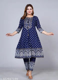 Rayon anarkali kurti gown with palazzos, Jaipuri block-printed, 3/4 sleeves, printed net, India-made