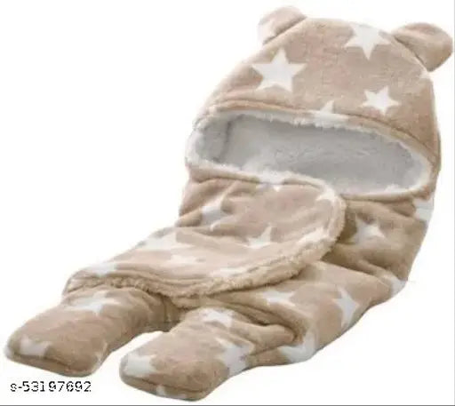 Soft fleece fur brown hooded baby blanket by First Trend, safe and warm for newborns to 6 months old. Hood keeps head protected from wind, dust, and cold breeze. Convertible welcro bag design for easy holding. Indian-made, gentle on baby's skin