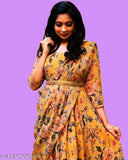 Trendy Georgette printed net gown with long sleeves, best for Indian marriage functions such as Haldi, Pithi, Mandha, Ubtan, Gaye Holud, Kutai Tel Baan. Available in sizes S-XXXL. Made in India