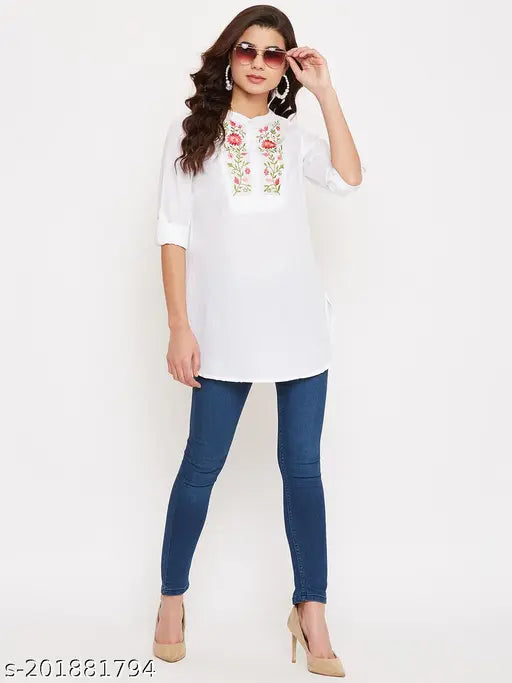 Floral embroidered rayon tunic, white, short sleeves with roll-up styling, full embroidered pattern, office wear, India origin