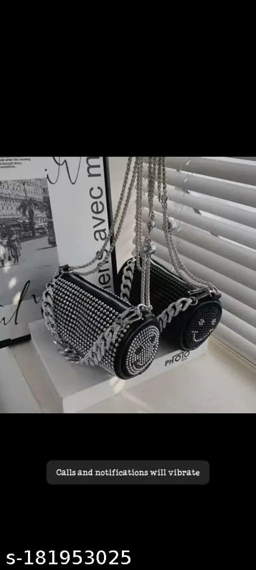 Black and silver IYA PRESENTS Rhinestone Decor Chain Satchel Bag, European and American retro style with one compartment, 20cm x 9cm x 9cm, zipper pocket, mobile phone pocket, and chain handle