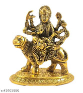 Metal Neo Classic Maa Durga statue with lion figurine, 5-inch oval base for home temple decor