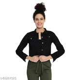Denim twill jacket in colors, Indian-made women's fashion wear with regular collar, three-quarter sleeves, solid pattern, and button closure