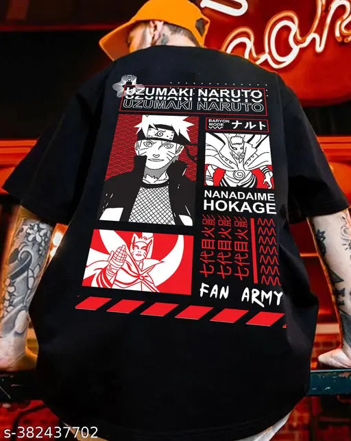 Black cotton blend oversized Naruto graphic printed men's T-shirt, oversized for comfortable fit, ideal for everyday wear and sports activities. Made in India