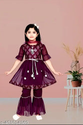 Maroon chiffon anarkali plazo set with dupatta, girls ethnic style, comfortable for summer parties