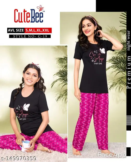 Blue printed cotton night dress for women, premium quality and bio wash cloth, S-XXXL sizes