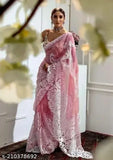 Heavy embroidery net saree, printed with intricate Indian motifs on a single free-size piece, satin blouse separate