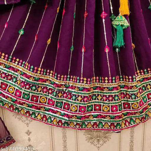 Faux Georgette designer lehenga choli for kids wedding party, 1pc with embroidered pattern on display