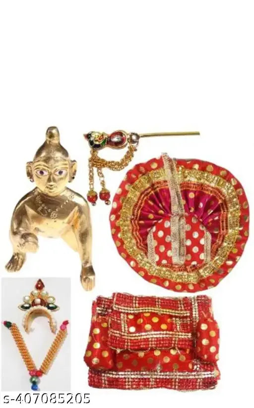 Brass Krishna Idol Set: 5 packs of Laddu Gopal, Sringhar, Poshak, Bister, and Banshi (0.5" L x 1" H x 0.5" W), traditional Indian brass Krishna idols