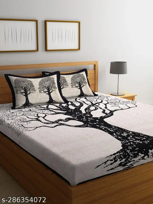 Pure 100 Jaipuri cotton king size double bedsheet with 2 pillow covers, botanical print for summer - Rajasthani traditional design, made in India