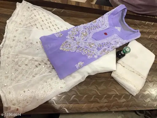 White chiffon kurta set with sharara, Indian women's traditional outfit in georgette bottomwear