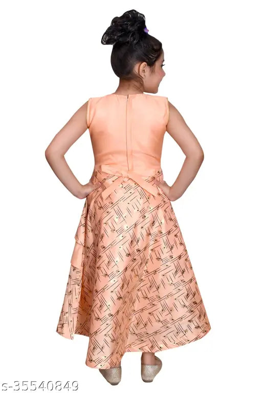 Sky Heights: Printed net sleeveless silk blend party gown for 4-7 year old girls, modern style with plattings on bottom