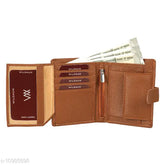Tan artificial leather men's bi-fold wallet with 8 card slots, solid pattern, textured body, and additional button closure. Durable and portable for travel, formal or casual occasions. Perfect gift accessory for men. Made in India