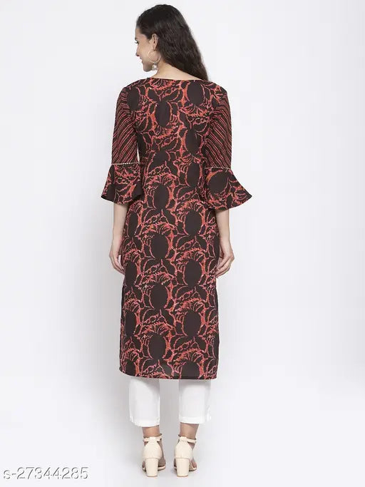 Indibelle cotton coffee brown abstract print straight kurta with contrast bell sleeves and light golden bead detailing, India-origin calf length round V-neck kurta