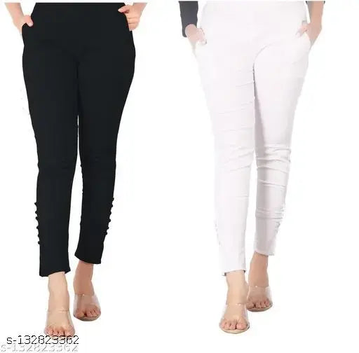 Cotton stretchable white-black combo pants for women, comfortable and pocketed, available in multiple sizes from 28 to 42