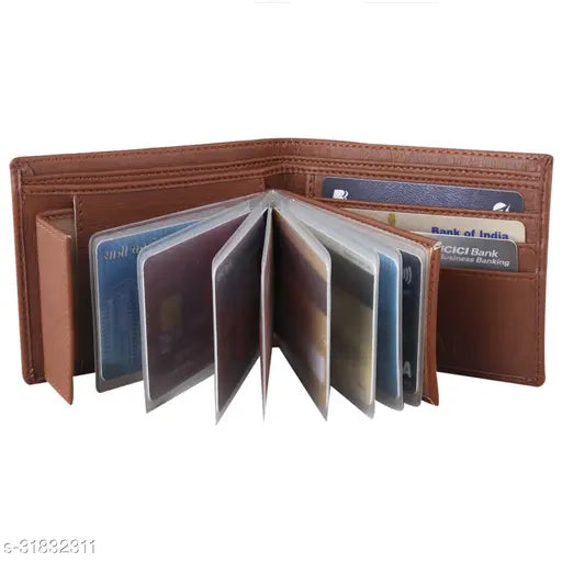 Brown faux leather men's wallet with 10 credit card slots, durable cloth lining, and dual currency compartments - Made in India