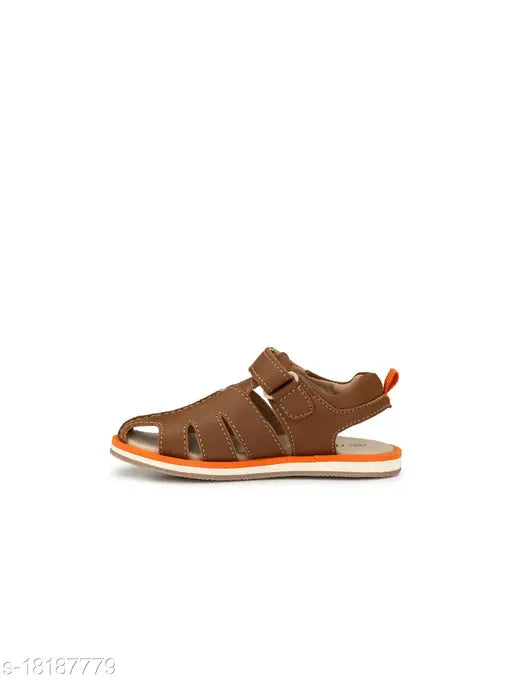 Brown leather boys sandals, solid pattern, Velcro fastening for casual play