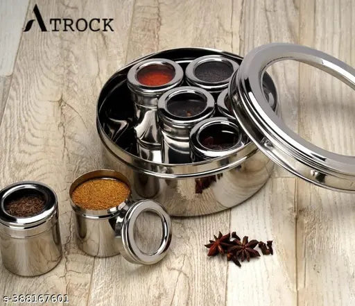 Stainless steel ATROCK Masala Box set, airtight spice containers (125ml each x 7) with small spoons, ideal for Indian kitchens