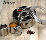 Stainless steel ATROCK Masala Box set, airtight spice containers (125ml each x 7) with small spoons, ideal for Indian kitchens