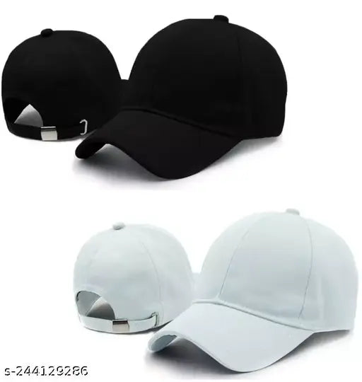 Trendy men's combo black-white cotton baseball caps, 100% poly cotton, adjustable buckle closure, extra wide brim for sun protection, ideal for sports & casual wear, pack of 2 from India
