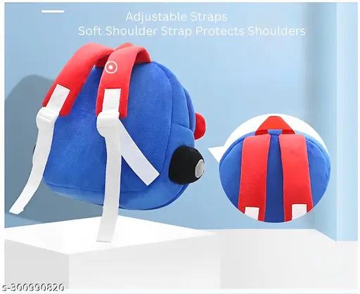 Kids school bags for baby boys and girls, fabric net Kindergarten playschool travel bag. Soft plush material with embroidery work, suitable for picnics or outings. Made in India