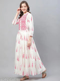 Off-white cotton Anarkali Kurta with pink floral print, ideal for parties and festivals. Three-quarter sleeve length, made in India