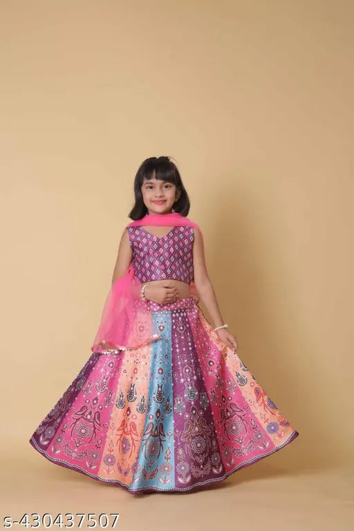 Art Silk lehenga choli set with bandhani print for 6-7-year-old girls, fully stitched and digital printed for festive occasions