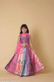 Art Silk lehenga choli set with bandhani print for 6-7-year-old girls, fully stitched and digital printed for festive occasions