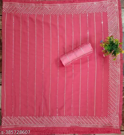 Georgette sequin embroidered work sari with CPallu and separate blouse piece, perfect for parties, festivals, weddings - India-made fashion for celebrations