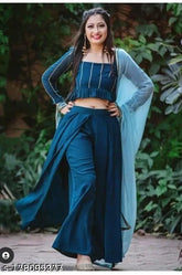 Blue Rayon Crop Top with Embellished Net Dupatta and Palazzo Set - Women's Party Wear, India Origin