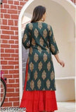 Green and Red Rayon Women's Kurti Set with Sharara Bottom, featuring a solid design and 3/4th sleeves, showcasing high-fashion comfort