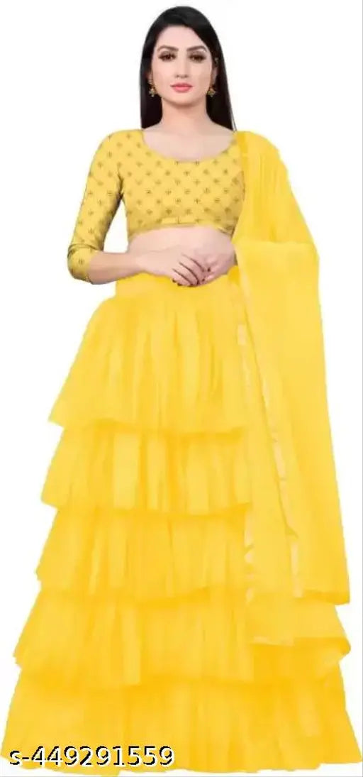 Embroidered semi-stitched net lehenga & crop top with ruffle dupatta, Indian bridal wear" (113 characters)