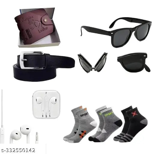 Trendy canvas 501 wallet, belt, and 3-pair textured net socks combo with optional foldable sunglasses or earphones, India-made accessory collection