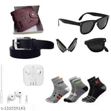 Trendy canvas 501 wallet, belt, and 3-pair textured net socks combo with optional foldable sunglasses or earphones, India-made accessory collection