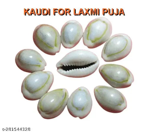 Brass Lakshmi Charan Paduka, Kamal Gatte Seed & Kaudi/Kaudi, Gomti Chakra combo (11 pcs each) for Diwali and Laxmi Pooja - Indian religious accessories for puja and worship