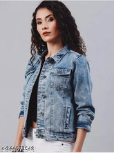 Ice Blue Denim Women's Jacket - Durable washed denim with full-length sleeves and classic button-front design. Perfect for layering all year round