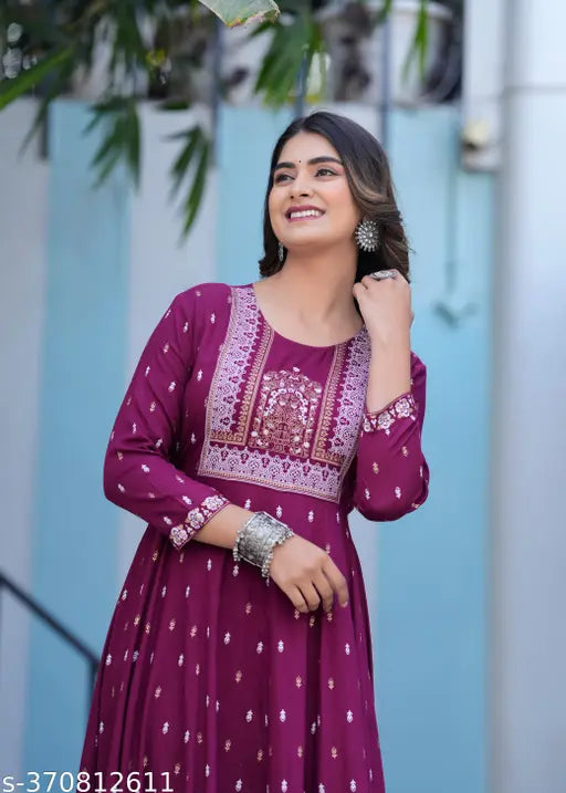 Purple rayon, printed net Anarkali kurtas - traditional Indian attire for special occasions or casual wear