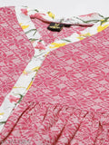 Pink & white printed pure cotton A-line top, Japer Kurti's floral print design with V-neck and short sleeves featuring tie-ups, tailored in India