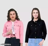 Cotton blend denim jackets for girls, pack of 2 - solid design, long sleeves, sizes S to XL from India