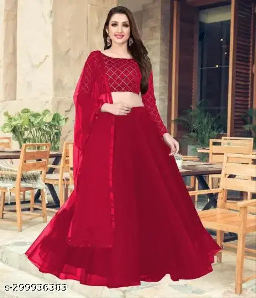Embroidered satin and net Aagam Petite women's lehenga set, semi-stitched, free size, India origin
