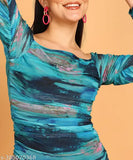 Multi-color printed ruched top, Lycra, long sleeves, vibrant personality, Indian origin
