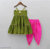 Mahendi Green & Pink Rayon Tupil Pant with Top, embellished sleeveless dhoti style cotton bottoms for kids aged 1-10