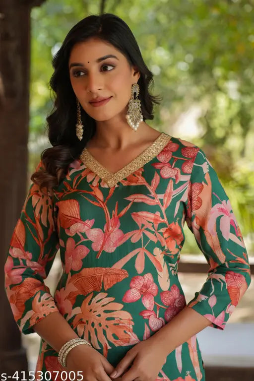 Green cotton blend printed straight kurta with palazzos, three-quarter sleeves on model