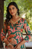 Green cotton blend printed straight kurta with palazzos, three-quarter sleeves on model