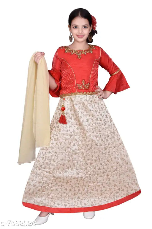 High fame red ethnic silken lehenga choli set for girls, embellished & embroidered with long sleeves and net dupatta