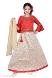 High fame red ethnic silken lehenga choli set for girls, embellished & embroidered with long sleeves and net dupatta