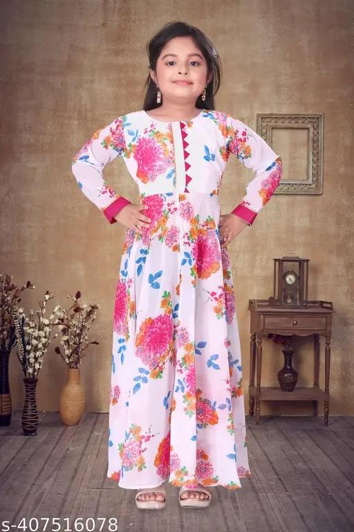 Printed net Aaliya_georgette gown, long sleeves on mannequin, Indian handloom women's evening wear